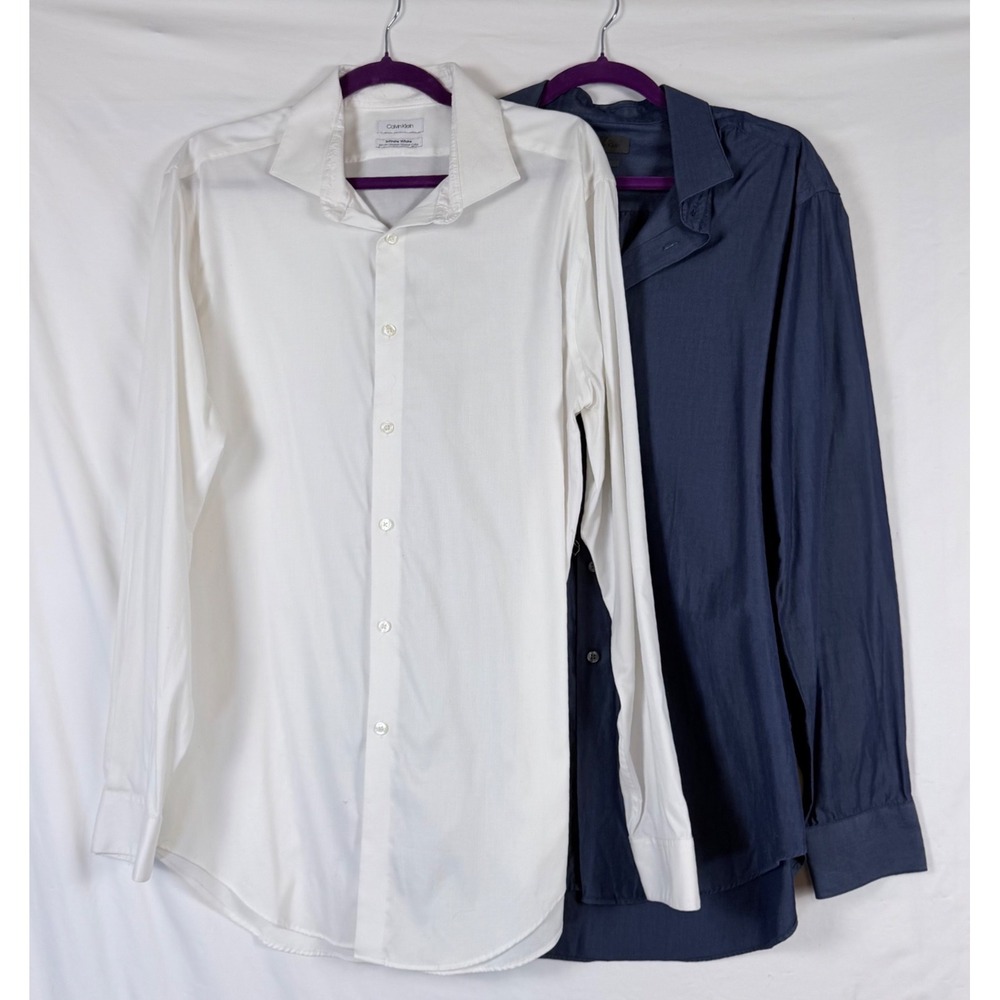 Calvin Klein Mens Dress Shirt LotX2 Slim Fit White Navy Blue 17 34/35 Preppy
